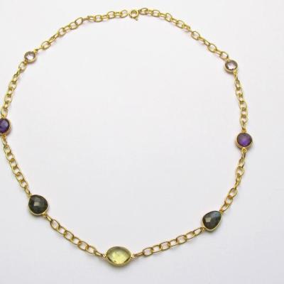 Schmuckkette Citrin, Labradorit, Amethyst, vergoldet