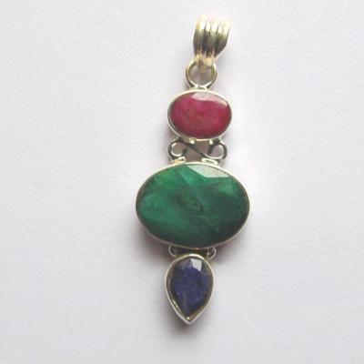 Pendentif rubis, émeraude, saphir, argent